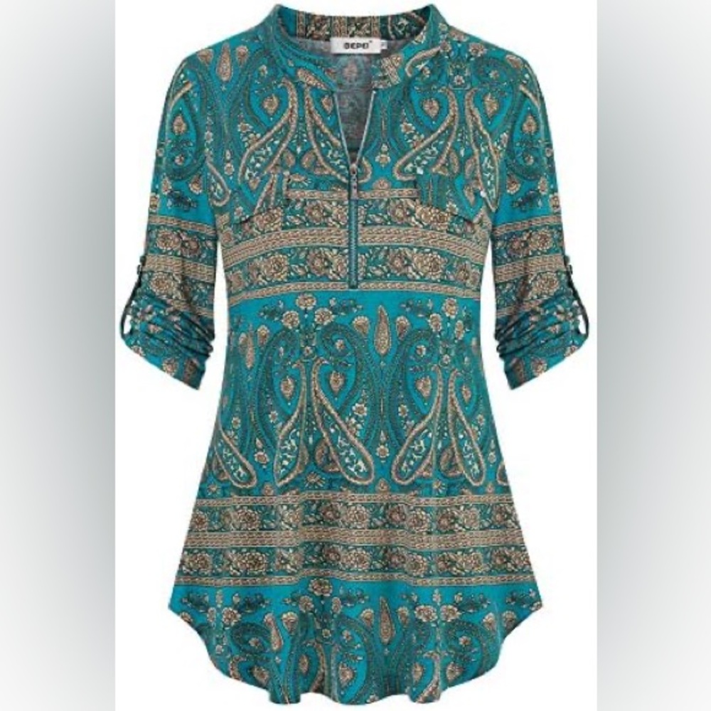 BEPEI Teal printed zip up dress shirt SIZE 2XL new with tags
